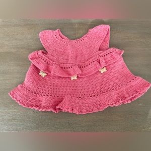 Vintage Knitted Baby Dress in Pink with Butterflies (3-6M)